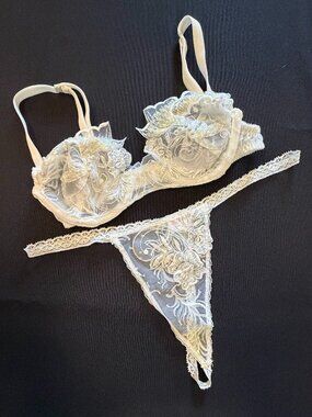 Vintage handmade Trashy Lingerie ivory beaded sequined underwire bra & G-string